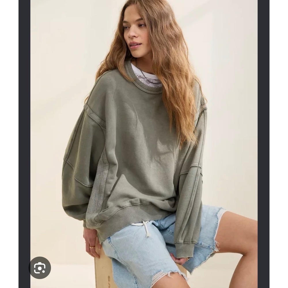 Aerie Keep It Light Crew Sweatshirt Olive Green Oversized Seam Detail Small
